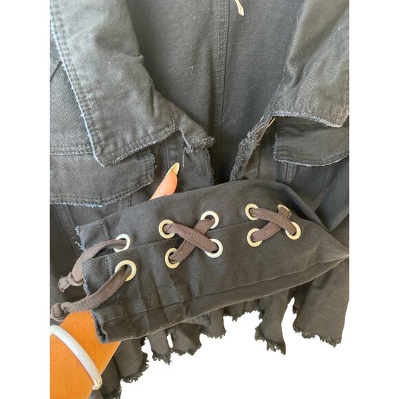 Free People Black Denim Peplum Jacket S Lace-Up Sleeve Boho Festival Grunge y2K - Picture 9 of 10